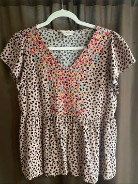 Savanna Jane Blush Pink Dot Embroidered V-Neck Peplum Top
